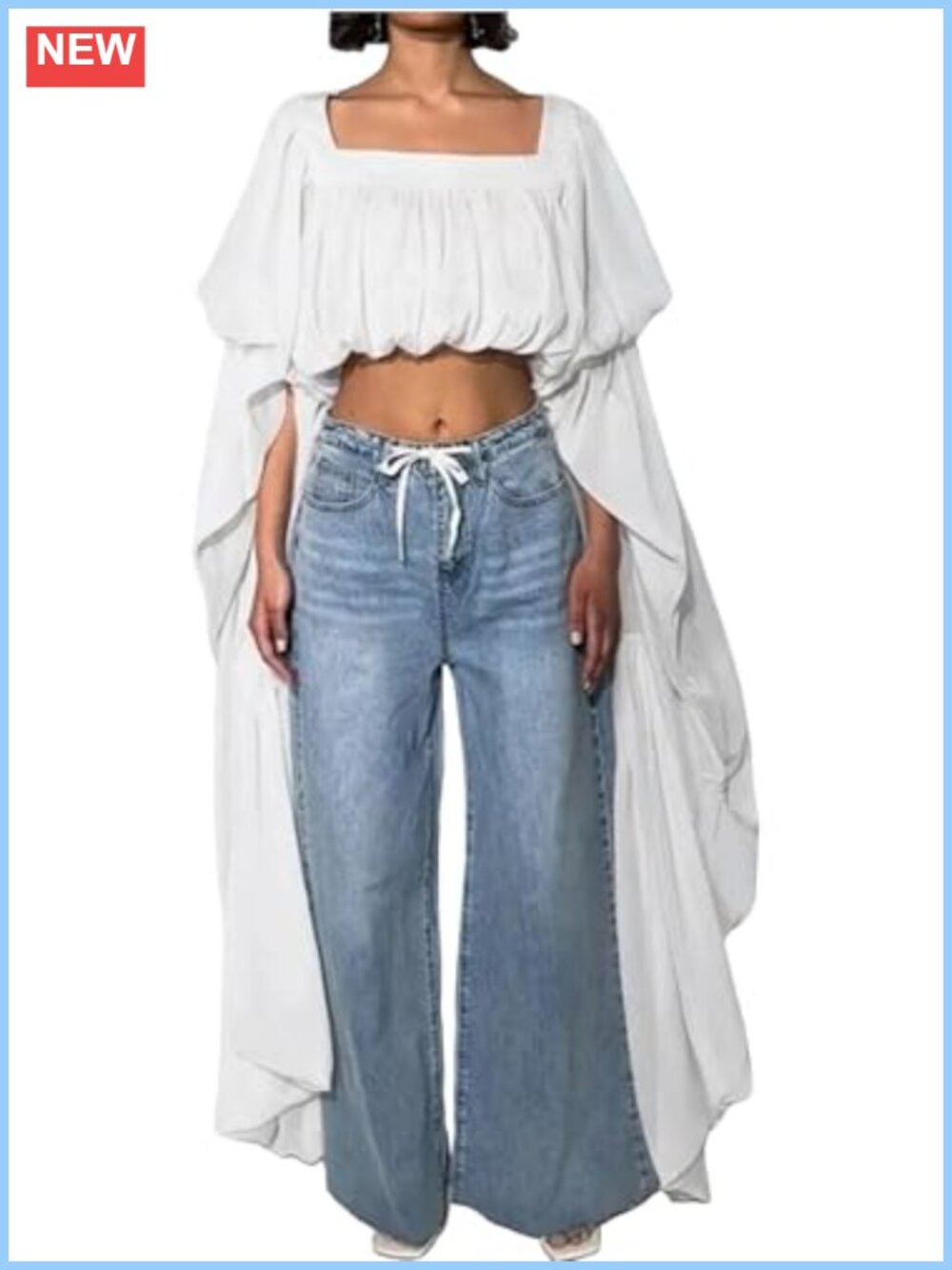 Chiffon Crop Blouse Ruffle Long Bell Sleeve Square Neck Flowy Top